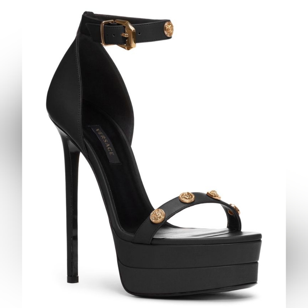 Versace Icon Black Platform Stiletto Ankle Strap Heels Gold Studs